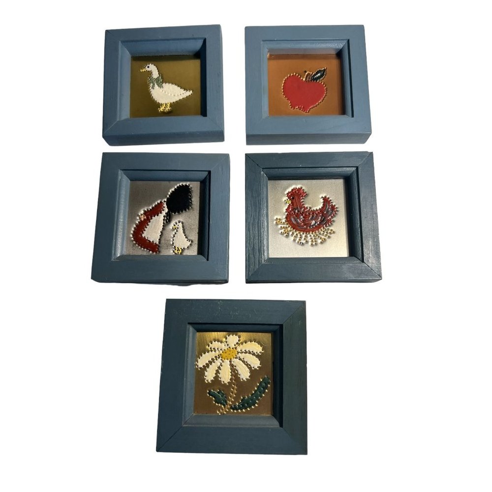 4" x 4" framed punched art pictures hand painted Set of 5 farmhouse primitive ro